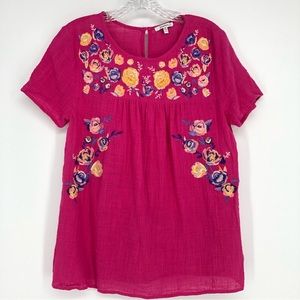Jodifl Pink Embroidered Floral Short Sleeve Cotton Blouse Size Small